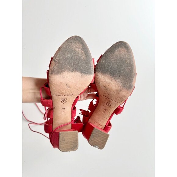 LOEFFLER RANDALL Luz Red Suede Leather Lace-Up Tassel Tie Block Heels, Size 10 - Picture 12 of 16
